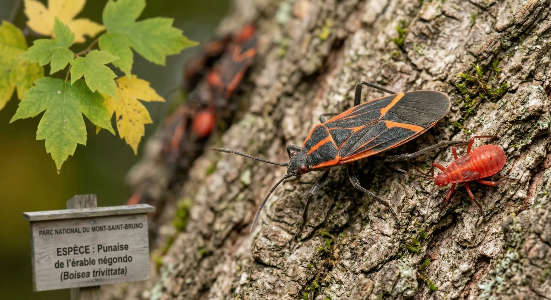 Punaise de l'érable adulte et nymphe sur un tronc d'arbre